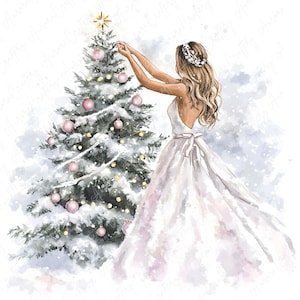 7 imágenes prediseñadas de mujer decorando un árbol con acuarela, imágenes prediseñadas de árbol festivo, imágenes prediseñadas de árbol de invierno, imágenes prediseñadas de niña de invierno, descarga de JPG de alta calidad