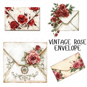 13 Vintage Rose Envelope Clipart, Watercolor Floral Envelope, Valentine's Day Clipart, Wedding Invitation Clipart, High-Quality JPG Download