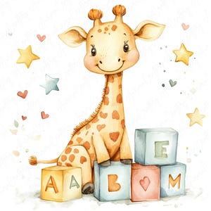 7 Clipart aquarelle girafe ludique | Girafe mignonne avec des blocs de construction et une guitare | Animaux de la chambre de bébé | Téléchargement numérique JPG de haute qualité