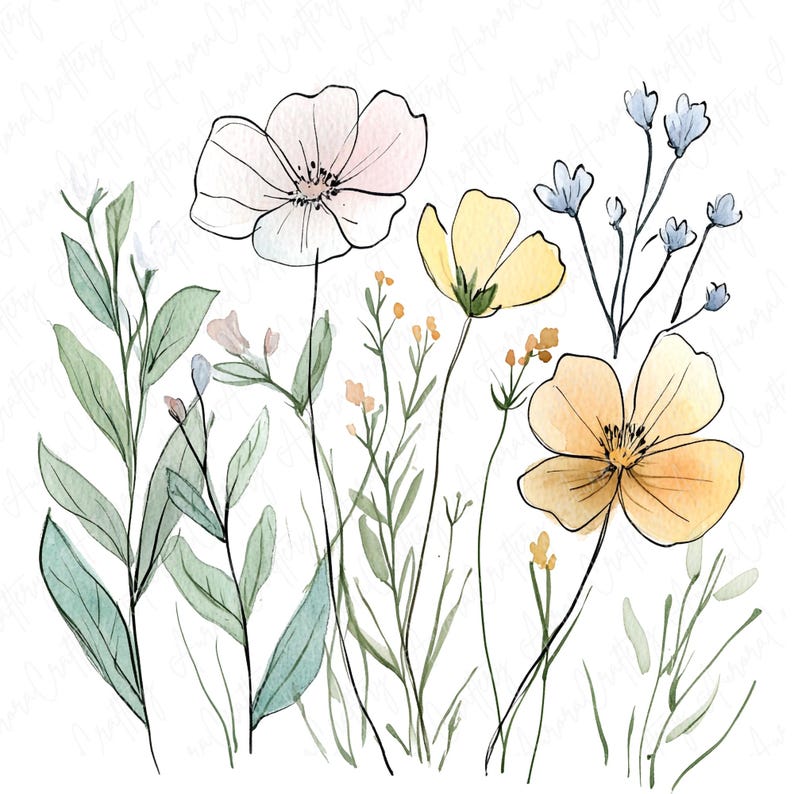 Watercolor ink wildflowers clipart image file JPG, featuring delicate botanical flower designs with hand-drawn ink accents, perfect for creative projects like wedding invitations and scrapbooking