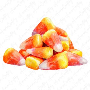 May include: A watercolour illustration of a pile of candy corn. The sweets are yellow, orange, and white, with a slightly translucent appearance. The image is set against a white background.
