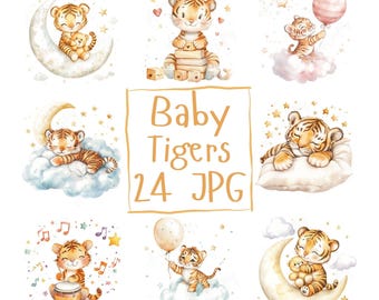 24 Clipart de berçário de tigre bebê, clipart de animal fofo, clipart de tigre fofo, artesanato de clipart de animal e faça você mesmo | Download digital JPG de alta qualidade