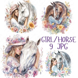 9 Clipart fille et cheval, Clipart floral aquarelle, cheval aquarelle avec fleurs Clipart pour créations en papier, téléchargement JPG de haute qualité