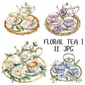 12 Clipart di tè floreale ad acquerello, disegni di tazze da tè e teiere, Clipart di festa del tè vintage per matrimoni e artigianato, download JPG di alta qualità