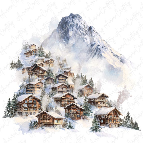 7 Watercolor Winter Mountain Village Clipart JPG, Snowy Chalet