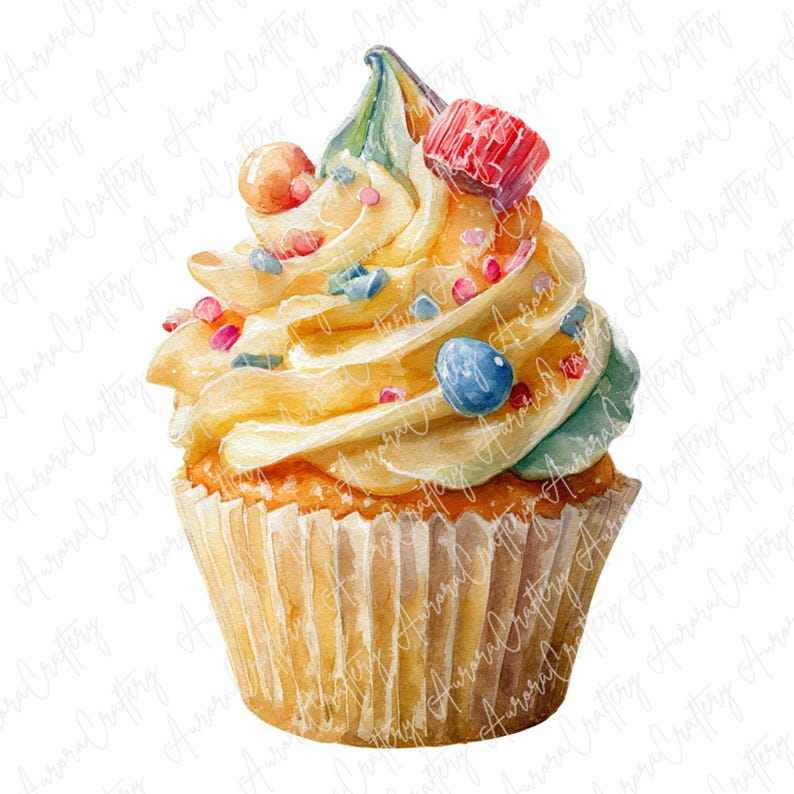 7 Watercolor Cupcake Clipart, Colorful Dessert Cupcakes With Frosting ...