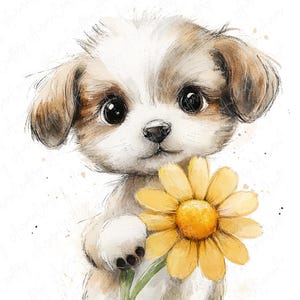 9 Aquarell Welpen Blumen Clipart, niedlichen Welpen Clipart Blumen Clipart, Sonnenblume Hund Clipart, niedlichen Blumenhund, hochwertige JPG Download