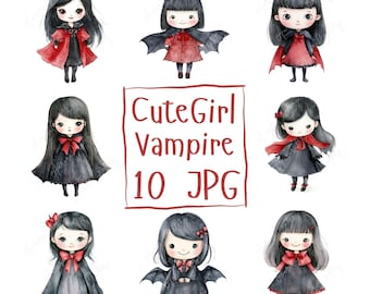 10 söta vampyrflicka-clipart, söt akvarell vampyr, läskig vampyrflicka, läskig utskrivbar clipart för pyssel, JPG-nedladdning av hög kvalitet