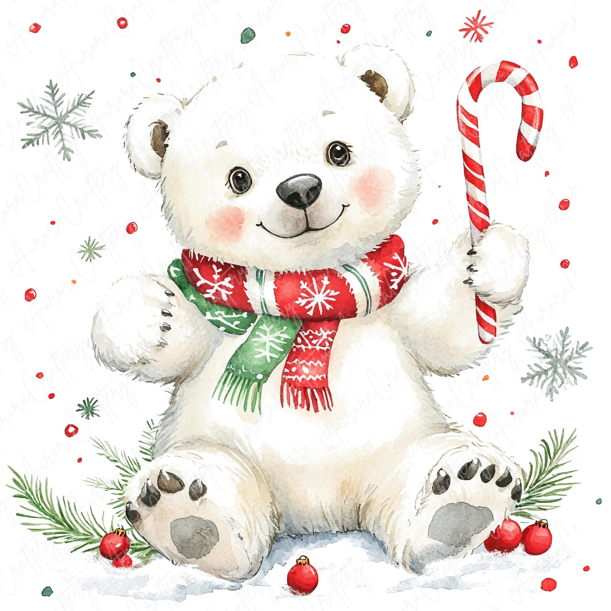 11 Watercolor Polar Bear Clipart, Winter Polar Bear, Cute Festive White Bear, Festive Animals, Winter Animal Clipart, High-Quality JPG