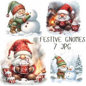 7 feestelijke kabouters clipart, gezellige winter kabouter feestelijke clipart, sneeuwpop clipart, warme cacao, winter open haard clipart, hoge kwaliteit JPG download