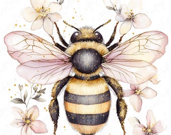 May include: A watercolor painting of a bee with pink and gold wings surrounded by delicate pink flowers. The bee has a black and yellow striped body with gold accents.