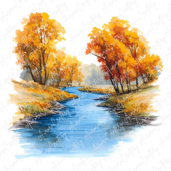 6枚の水彩画秋の川の風景クリップアート、季節の工芸品や装飾のための