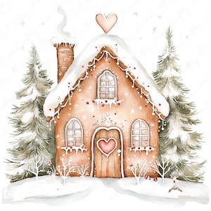 10 maisons d'hiver en pain d'épice à l'aquarelle, Clipart de pain d'épice avec de la neige, des cliparts pour des travaux manuels festifs et des cartes, téléchargement JPG de haute qualité