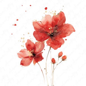 Watercolor red floral clipart image file JPG, featuring bold red blooms, perfect for adding a passionate touch to nursery decor, invitations, and more