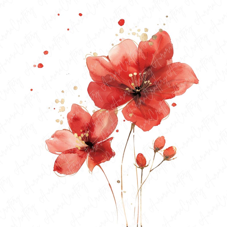 Watercolor red floral clipart image file JPG, featuring bold red blooms, perfect for adding a passionate touch to nursery decor, invitations, and more