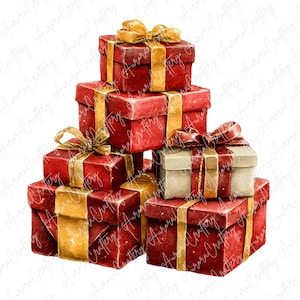 May include: A stack of red gift boxes with gold ribbon and bows. One box is a light beige color with a red and gold ribbon. The boxes are arranged in a pyramid shape. The image has a watercolor effect.