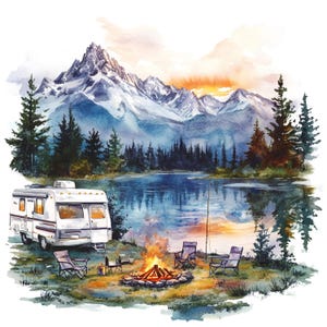 12 imágenes prediseñadas de campamentos en acuarela: casas rodantes, tiendas de campaña, bosques y escenas de montaña para invitaciones, pegatinas y diarios. Descarga digital de alta calidad