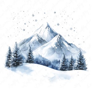 9 Aquarell Winter Berg Clipart, Schneebedeckte Gipfel und Landschaften Clipart, Winter Clipart für Papierhandwerk, hochwertige JPG digitaler Download