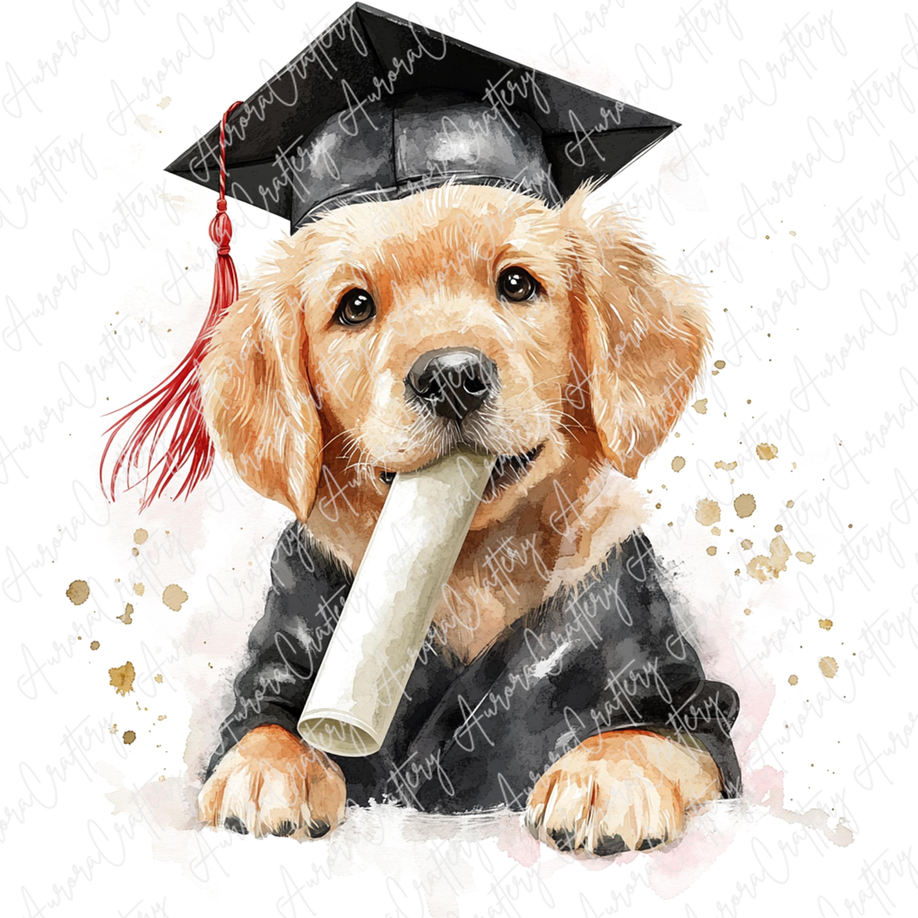 7 Graduation Golden Retriever Dog Clipart, Watercolor Puppies in