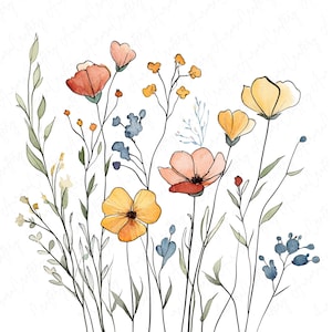 10 inkt wilde bloemen aquarel clipart, botanische bloem clipart prints, hoge kwaliteit JPG, Instant Download, afdrukbare clipart voor ambachten