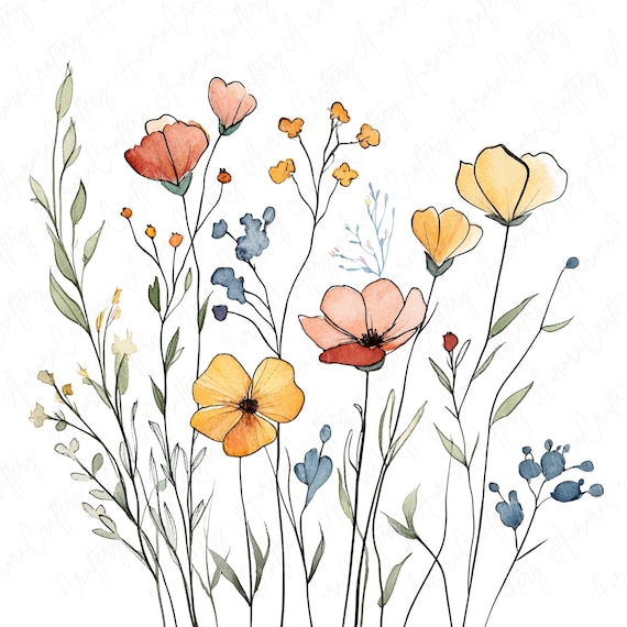 10 Ink Wildflowers Watercolor Clipart, Botanical Flower Clipart Prints, High Quality JPG, Instant Download, Printable Clipart for Crafts