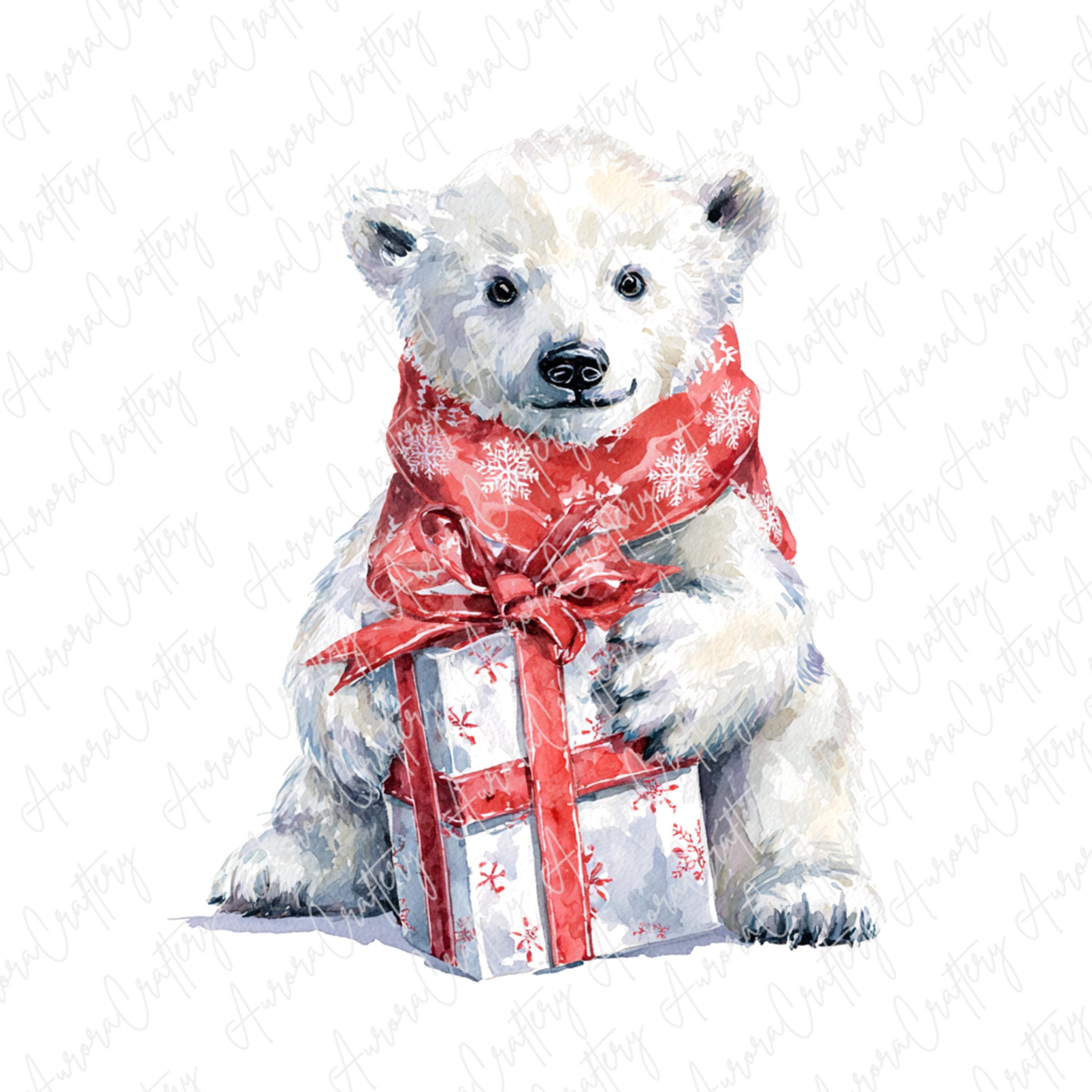 4 Watercolor Polar Bear Clipart JPG, Cute Winter Bears With Gifts and ...