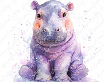 水彩カバのクリップアート6点、かわいい赤ちゃんカバのイラストセット