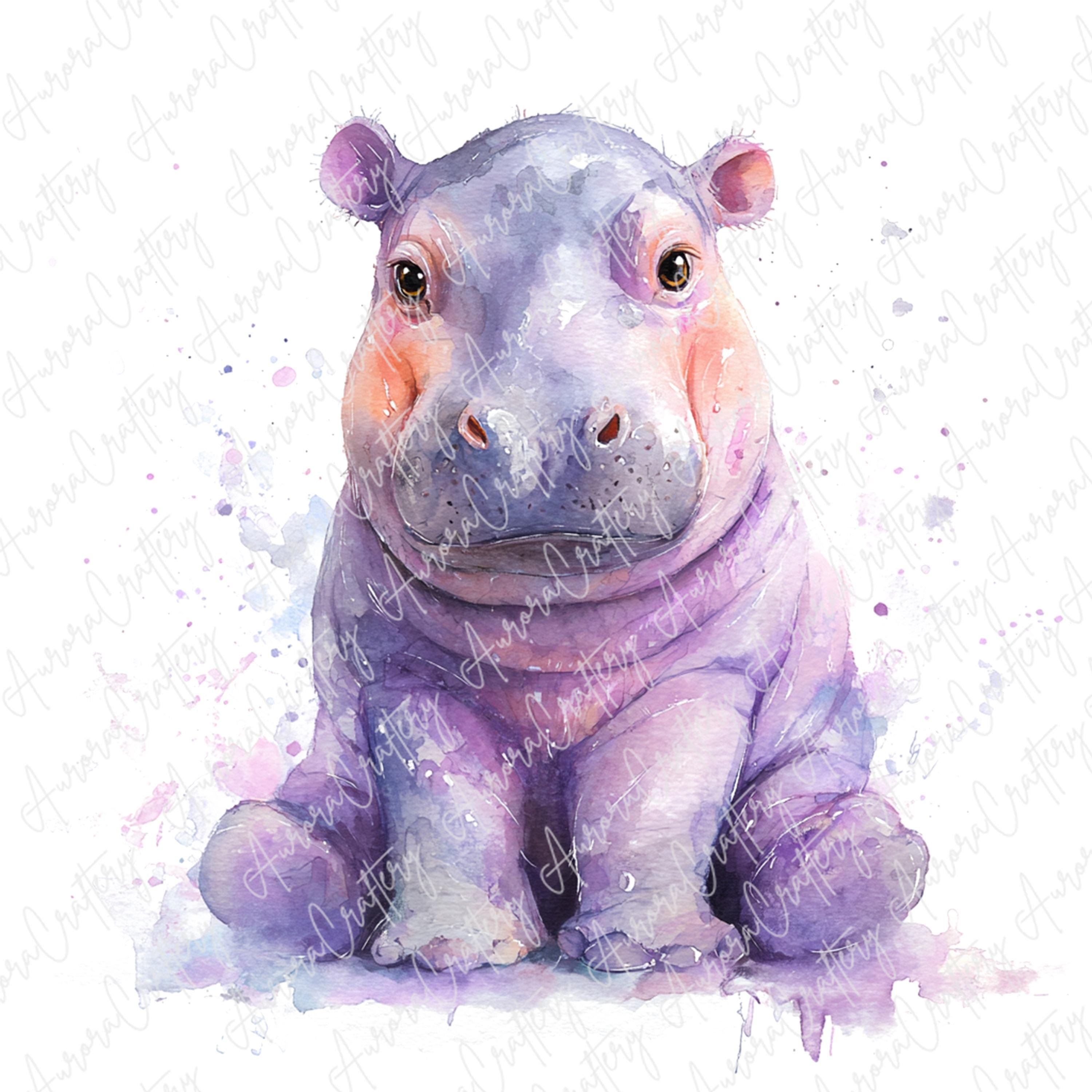水彩カバのクリップアート6点、かわいい赤ちゃんカバのイラストセット