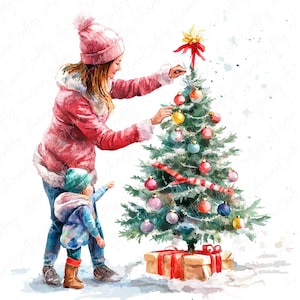 5 Aquarell Mutter und Kind Winter Baum Clipart, Familie festliche Clipart, gemütliche Winter Baum Clipart für festliches Kunsthandwerk, hochwertiges JPG