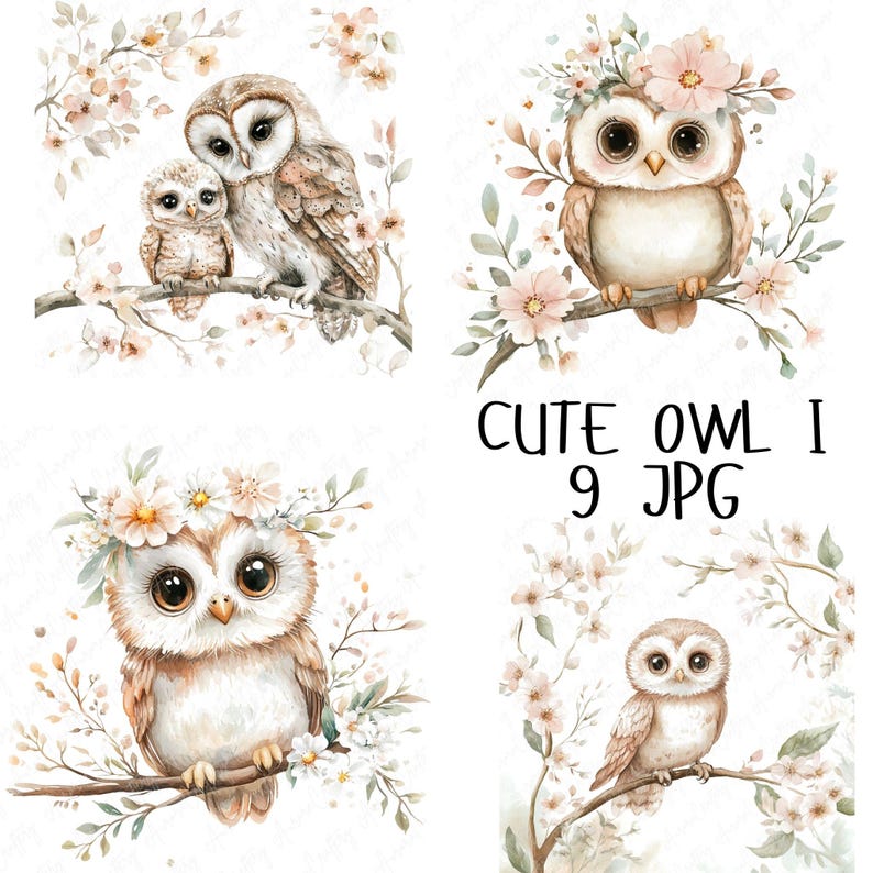 A set of 9 watercolor owl clipart images featuring cute owls perched on floral branches, ideal for nursery decor, rustic projects, and woodland-themed art designs.