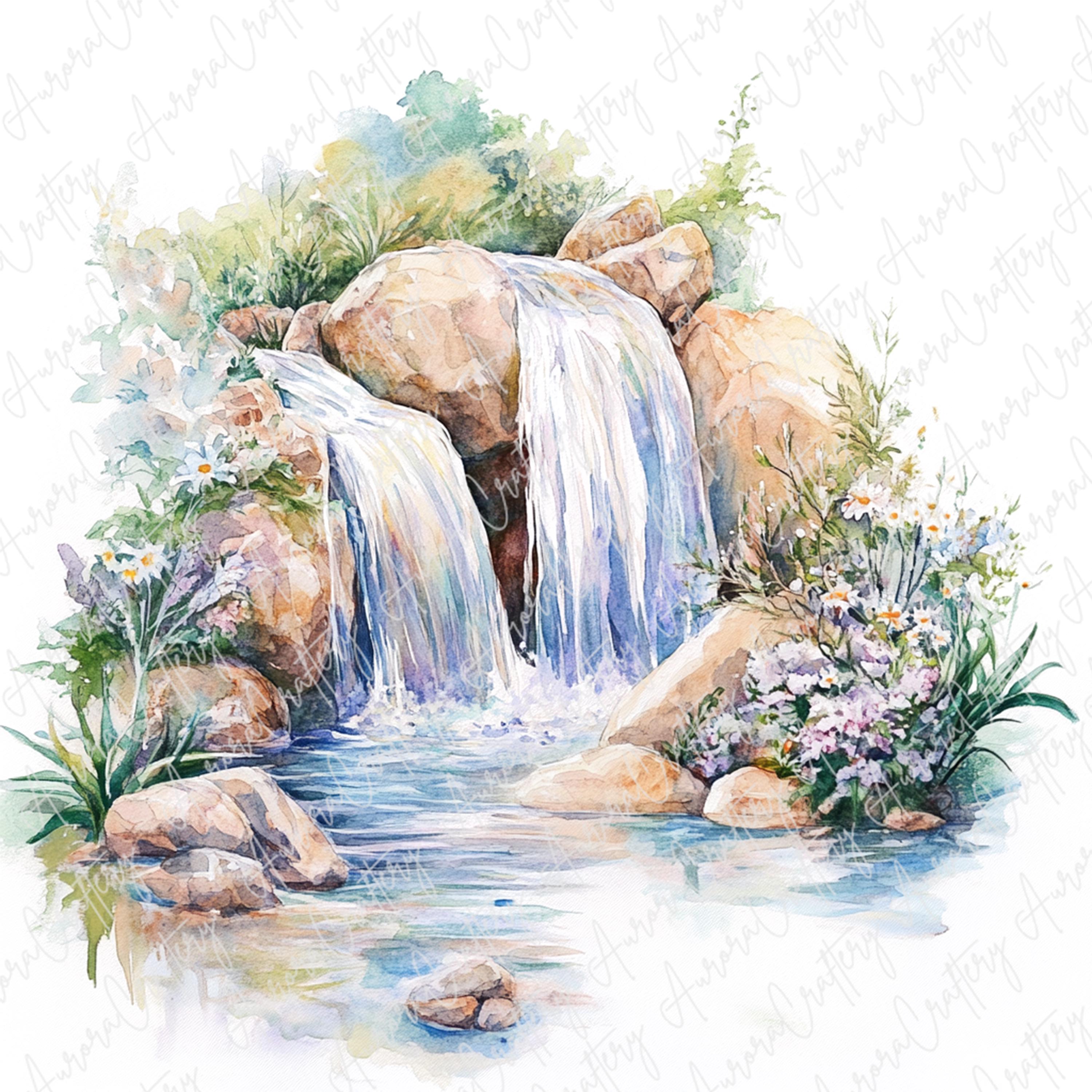 7つの水彩画の滝のクリップアート、自然の水の風景、森と庭の滝、旅行
