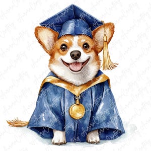 10 Aquarell Abschluss Corgis Clipart, niedliche Corgis in Mützen und Kleidern, niedlicher Hund druckbare Clipart für Papierhandwerk, hochwertige JPG
