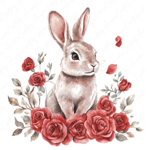 10 Watercolor Rose Bunny Clipart, Cute Valentine's Bunnies With Red ...
