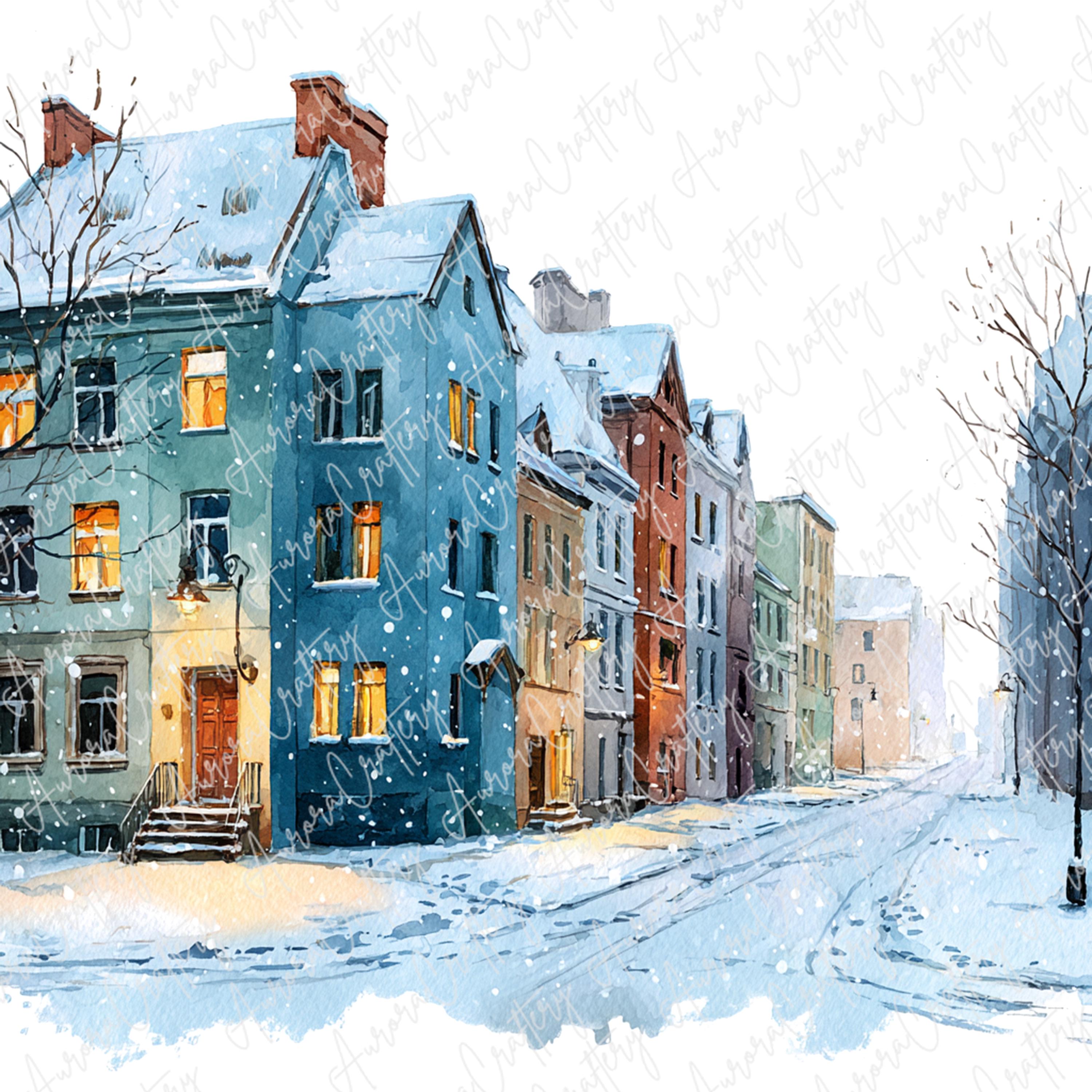 14枚の水彩画風冬の街並みのクリップアート、暖かいライトが灯る雪景色