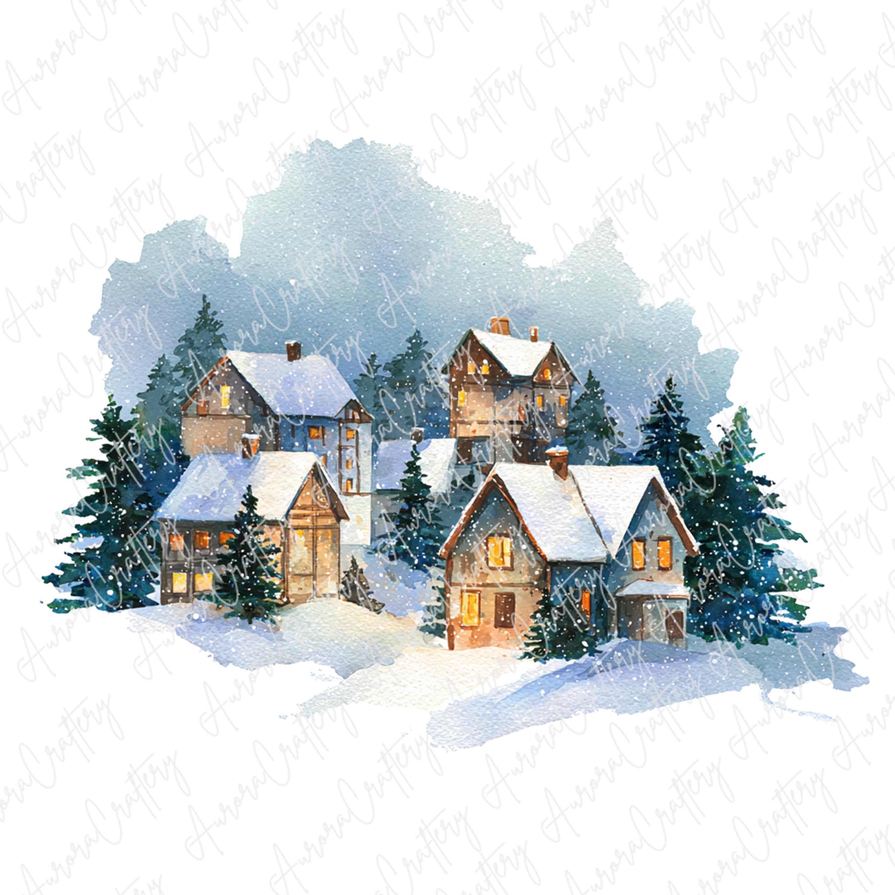 りくのこういち パステル画「雪ふらしの家(ZE348) 7つの水彩画風雪景色の村のクリップアート、ライトアップされた居心地