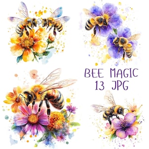 May include: Watercolour painting of bees and flowers. The bees are yellow and black with brown stripes. The flowers are purple, pink, and yellow. The text "BEE MAGIC 13 JPG" is written in purple letters.