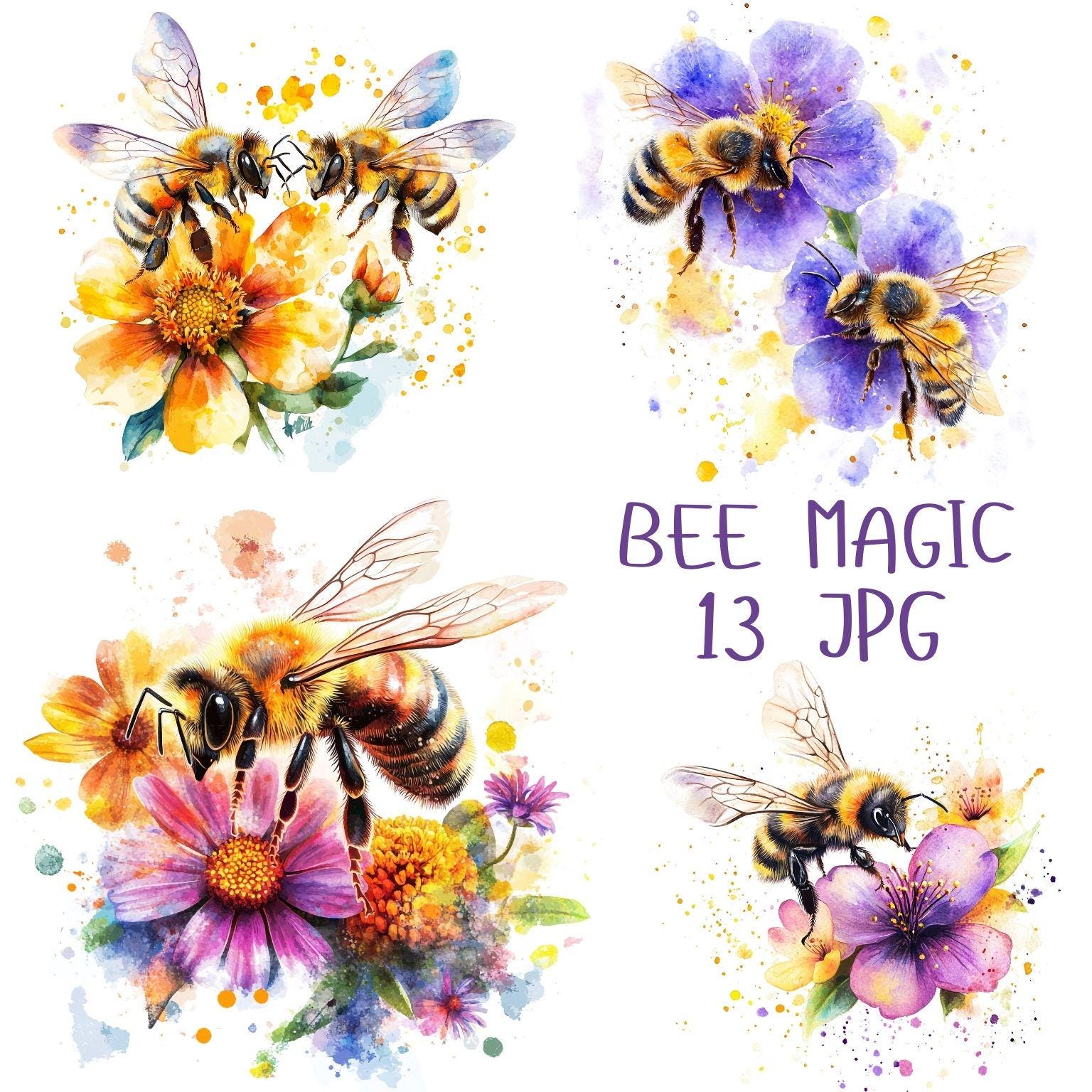 13 Watercolor Bees on Flowers, Honey Bee Clipart, Cute Bee, Floral Bee Printable Clipart for Crafts, Floral Clipart, High-Quality JPG