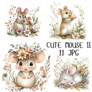 11 Clipart souris aquarelle, clipart animal floral souris des bois, famille de souris mignonne, clipart Animal chambre d'enfant, téléchargement JPG haute qualité