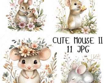 11 Aquarell Maus Clipart, Waldmaus Blumen Tier Clipart, niedliche Maus Familie, Kinderzimmer Tier Clipart, hochwertige JPG Download