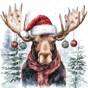 9 Watercolor Festive Moose Clipart, Winter Moose in Snow, Festive Animal Clipart, Winter Clipart for Festive Crafts, High-Quality JPG