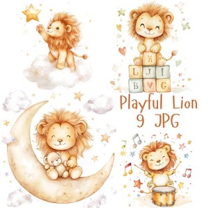 9 Clipart de Bebê Leão Brincalhão | Leões Bebês Fofos com Estrelas e Tambores para Chá de Bebê e Clipart de Parede de Berçário | Download JPG de Alta Qualidade