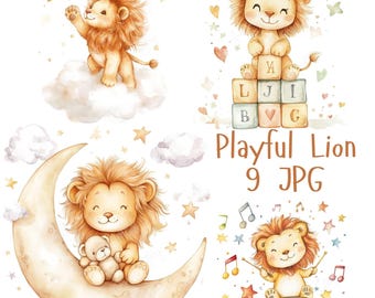 9 Playful Baby Lion Clipart | Cute Baby Lions with Stars and Drums for Baby Shower & Nursery Wall Clipart | High Quality JPG Download
