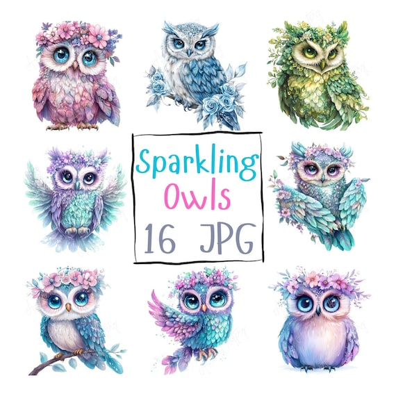 16 Watercolor Owl Clipart Cute Owl Clipart, Whimsical Owl, Sparkling Owl, Clipart for Paper Crafts, High Quality JPG Digital Download