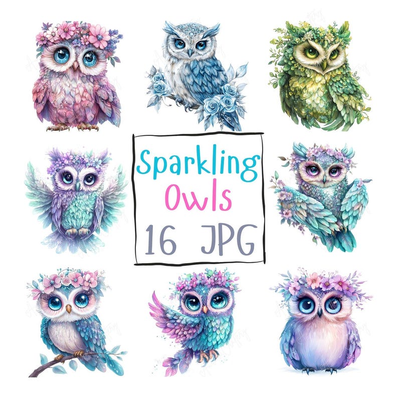 A collection of 16 whimsical watercolor owls adorned with beautiful floral crowns, ideal for use in invitations, nursery decor, and stickers. Each owl is intricately designed with delicate flowers and bright colors.
