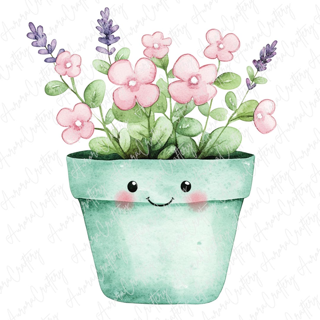 4つのかわいい植木鉢のクリップアートJPG、ピンクの花が咲いた笑顔の