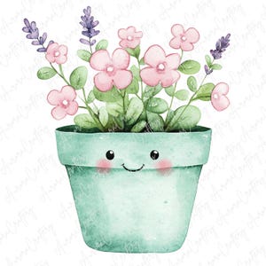 May include: A watercolour illustration of a smiling, light teal flower pot with pink flowers, green leaves, and purple lavender sprigs. The pot has a cute face with rosy cheeks and a smiling mouth. A whimsical, floral design.
