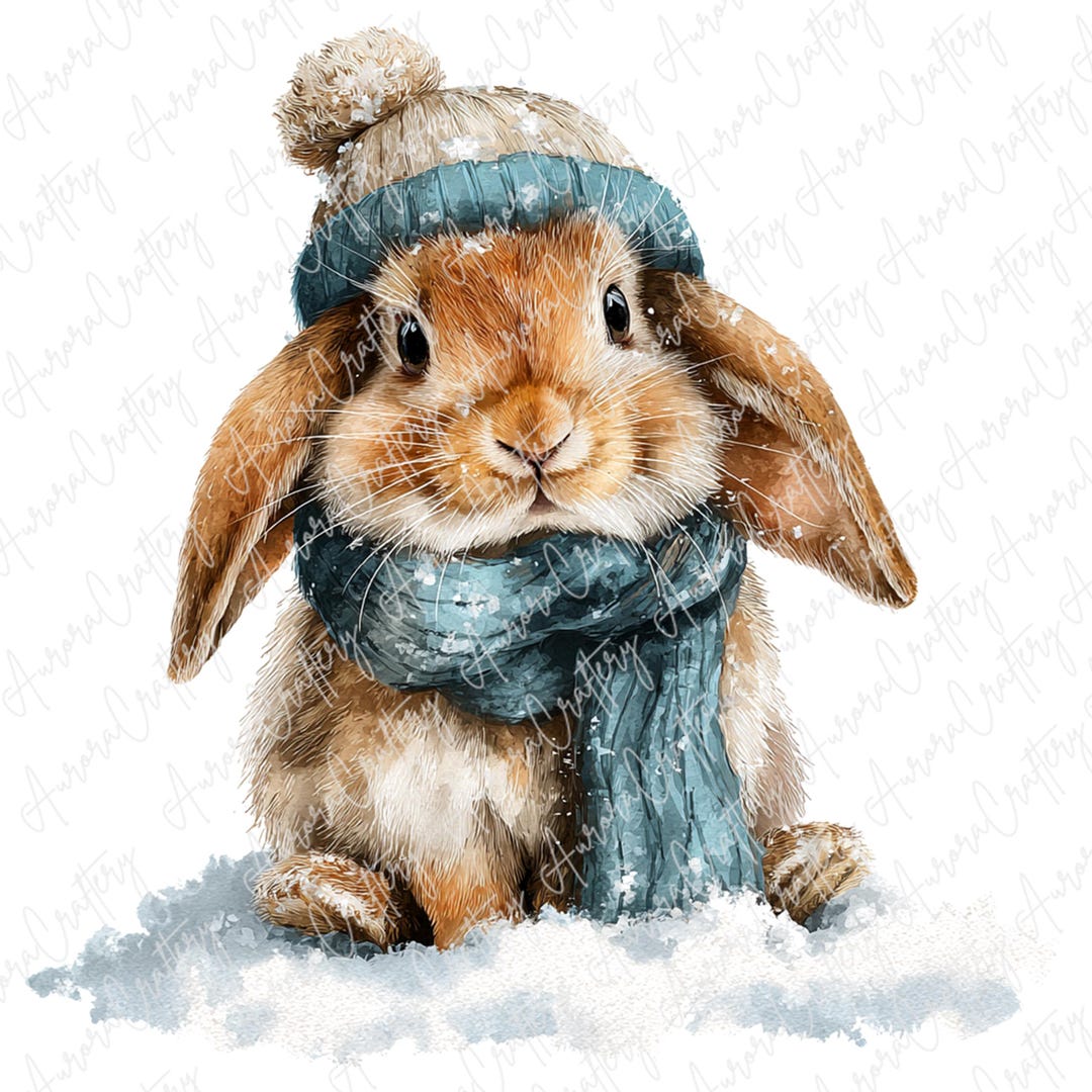 7 Watercolor Bunny Clipart, Cute Rabbits in Winter Scarves and Hats for ...