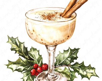8 Watercolor Eggnog Clipart, Festive Holiday Beverages, Cinnamon Garnish Eggnog Drink for Seasonal Crafts, High Quality JPG Download