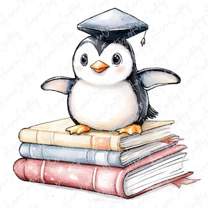 7 Graduation Penguin Clipart, Watercolor Penguins in Caps With Stacked ...