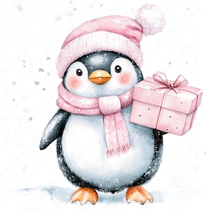 5 imágenes prediseñadas de pingüinos festivos de invierno, lindos pingüinos sosteniendo regalos, imágenes prediseñadas de invierno rosa, imágenes prediseñadas de animales de invierno para manualidades de papel, JPG de alta calidad